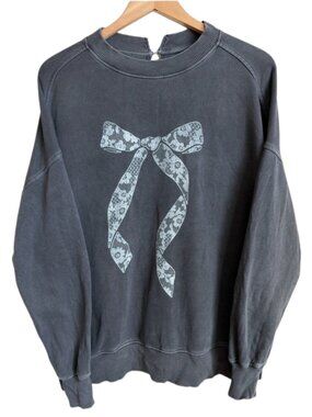 Aerie Big Chill Bow Graphic Crew Sweatshirt Keyhole Back Pearl XXS Washed Cozy